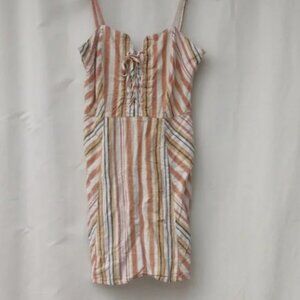 Aeropostale Linen Blend Shirred Back Striped Spaghetti Strap Dress S